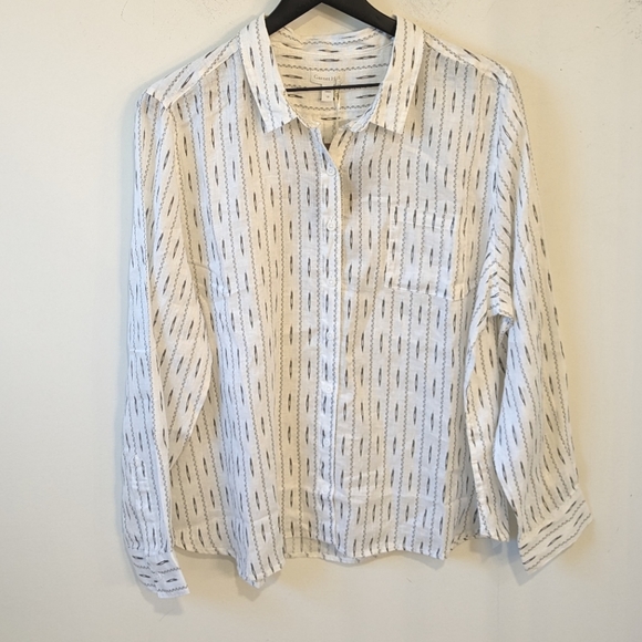 Garnet Hill 2021 White 100% Linen Pattern Printed Long Sleeve Button Up Shirt - Picture 1 of 8